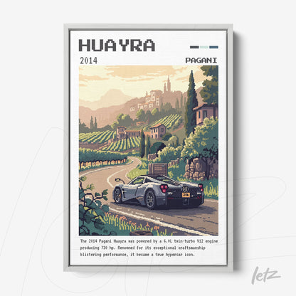 framed digital art of a Pagani Huayra car in a rural setting with hills and vineyards featuring a white frame
