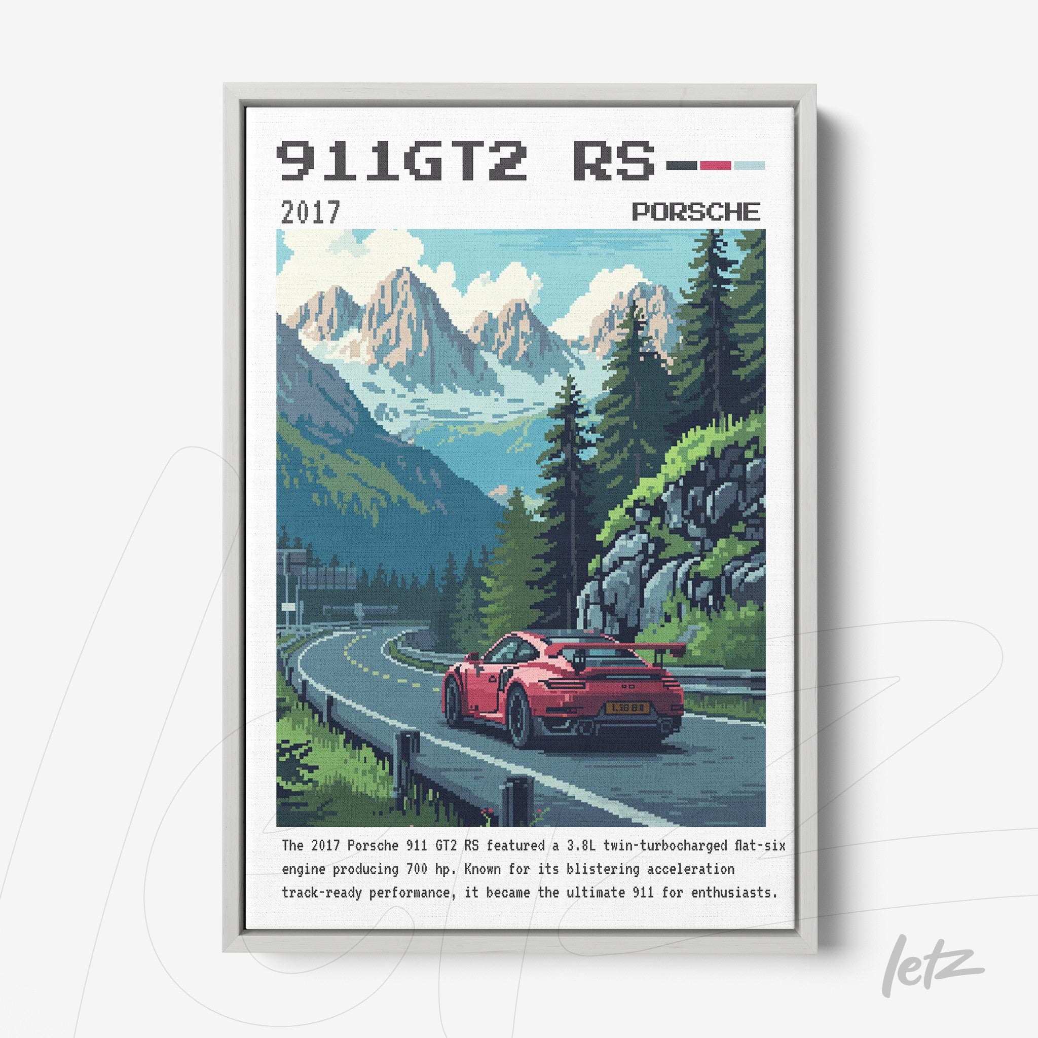 framed art of a porsche 911 gt2 rs sports car in pixel art style against a mountainous backdrop