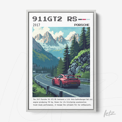 framed art of a porsche 911 gt2 rs sports car in pixel art style against a mountainous backdrop