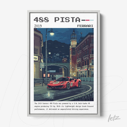 framed digital art of a red ferrari 488 pista in pixel art style, featuring the car on a night street