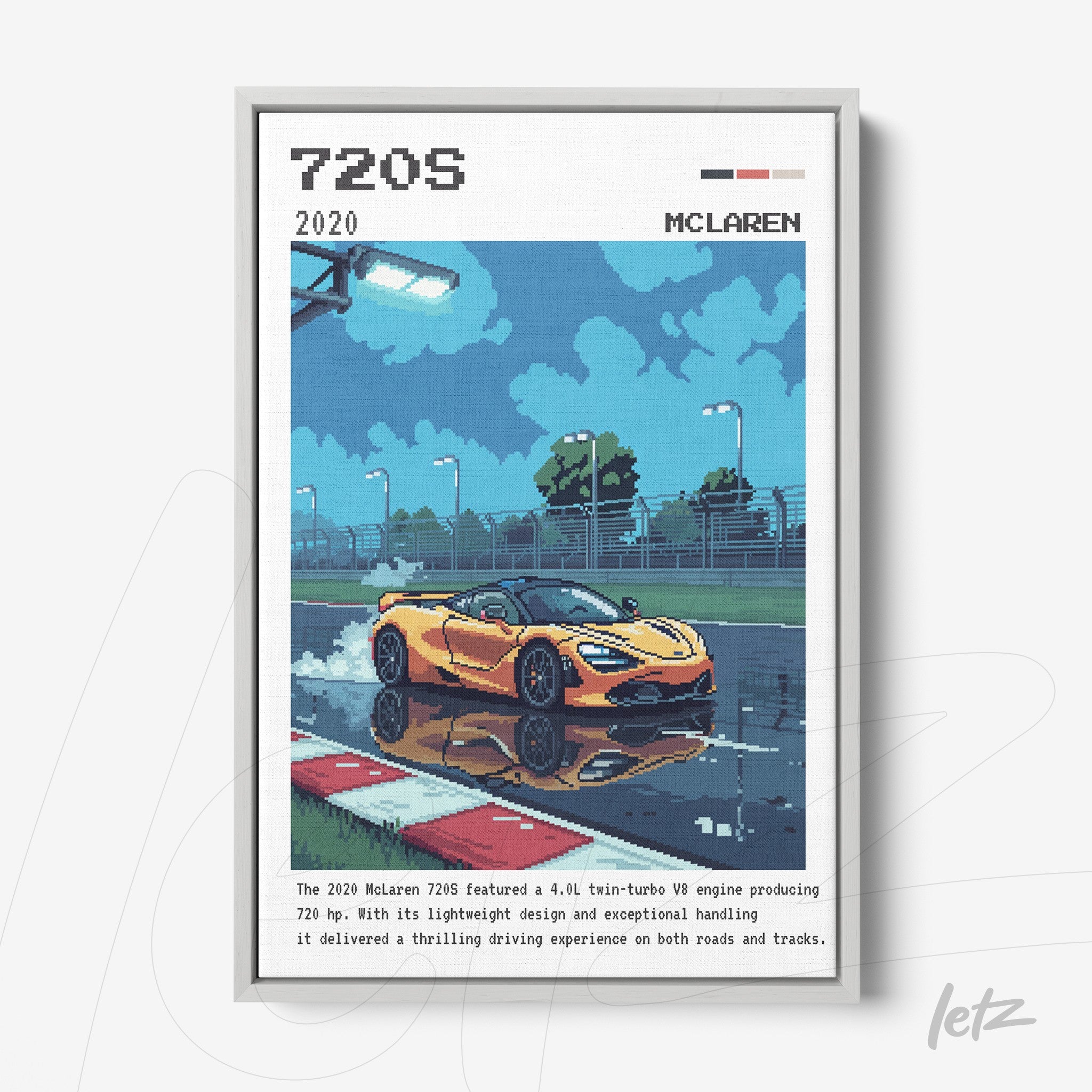 framed digital art of McLaren 720S on a wet track with white frame