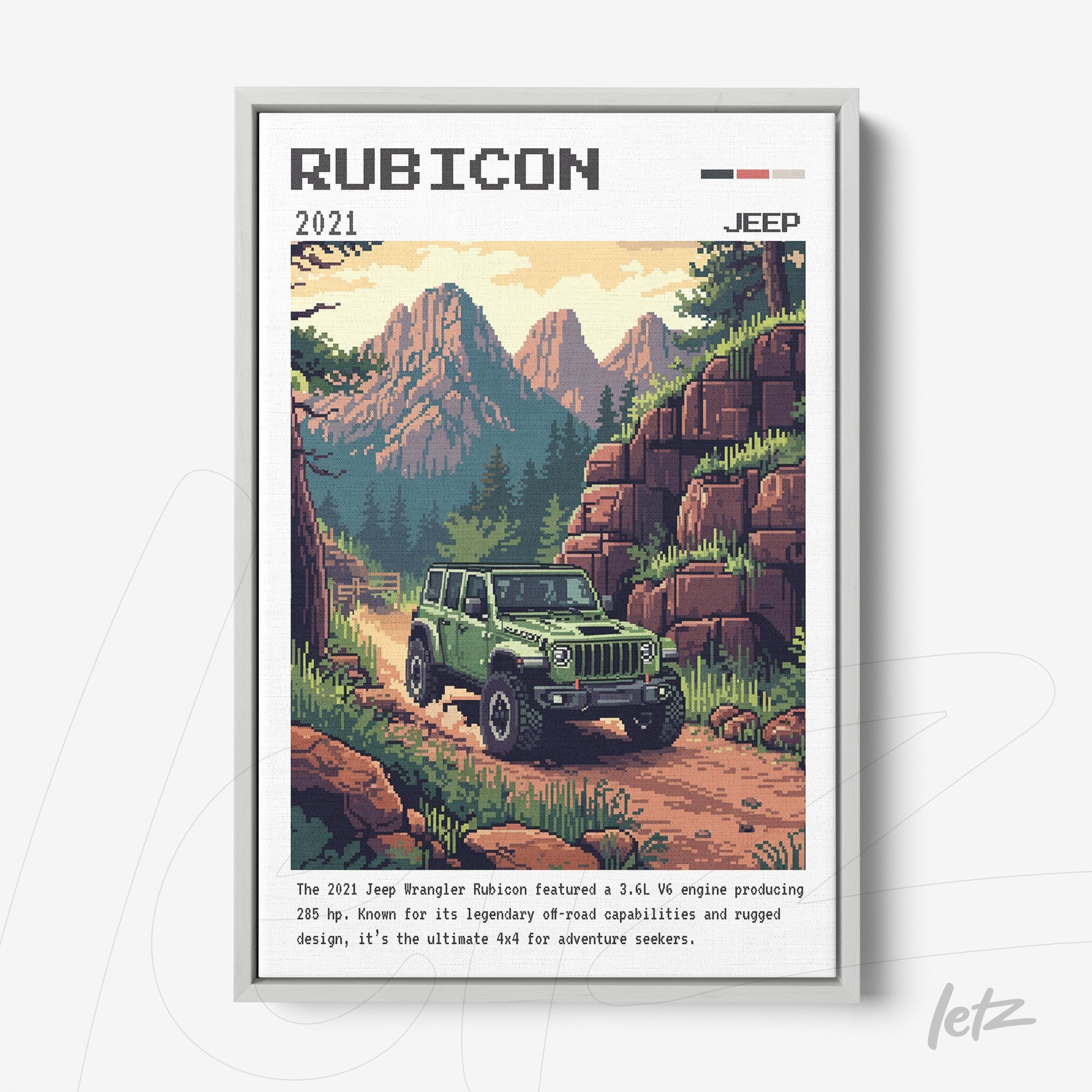 vintage style framed art of 2021 Jeep Wrangler Rubicon with mountains and greenery in the background
