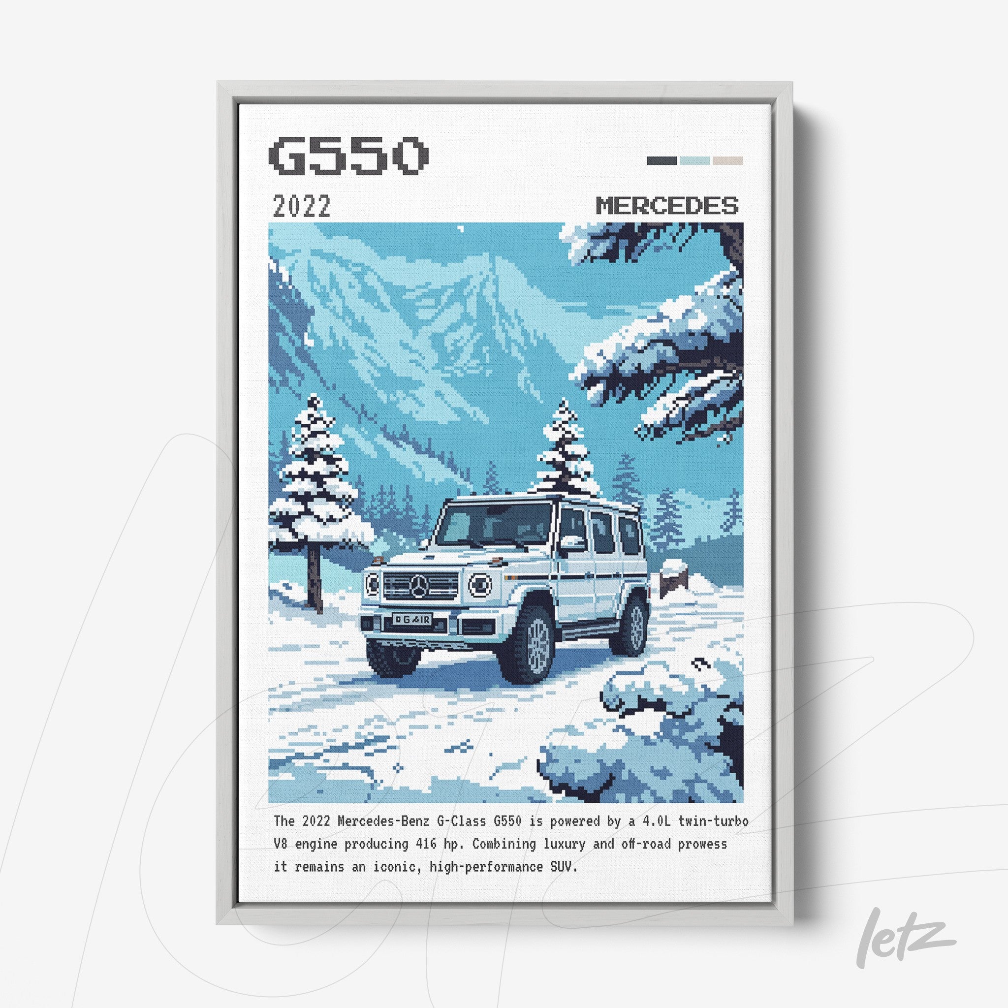 framed artwork of a Mercedes-Benz G-Class G550 in a winter landscape with mountains in the background and snowflakes