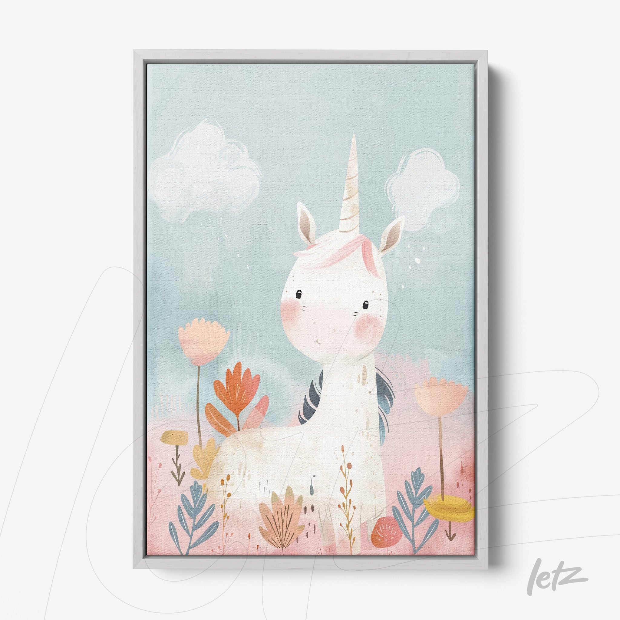 framed wall art featuring a cute unicorn illustration with a blue background and colorful flowers