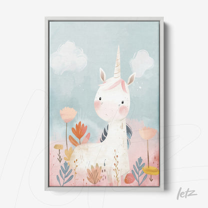 framed wall art featuring a cute unicorn illustration with a blue background and colorful flowers
