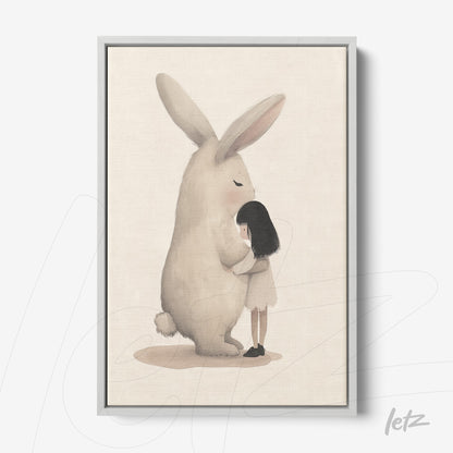 framed artwork featuring a soft illustration of a girl hugging a giant rabbit with a light-colored frame