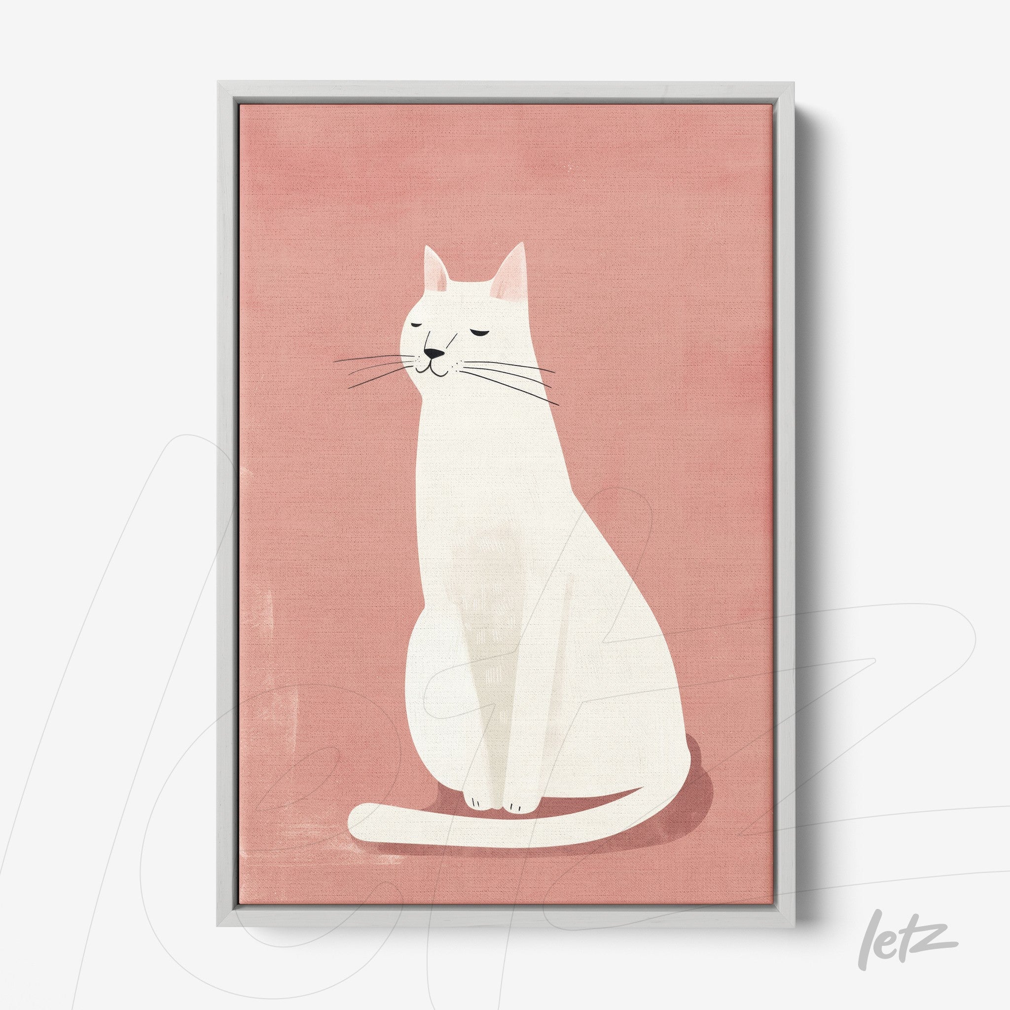 framed wall art featuring a minimalist illustration of a white cat on a pink background with a light gray frame