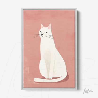 framed wall art featuring a minimalist illustration of a white cat on a pink background with a light gray frame