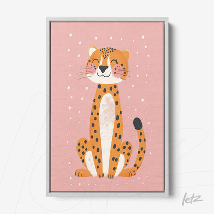 framed artwork of a smiling jaguar on a light pink background with gray frame