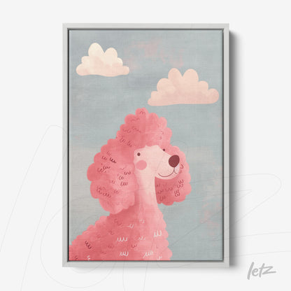 framed children's art of a pink dog under clouds on a blue background with light gray frame
