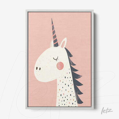 framed kids' art of unicorn with light gray frame on pink background