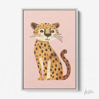 framed illustration of a wild cat on pink background with white frame