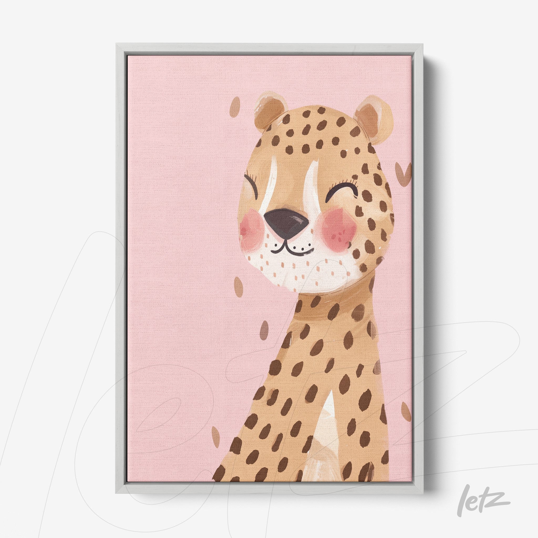 framed artwork of a cheerful leopard illustration against a pink background with a light gray frame