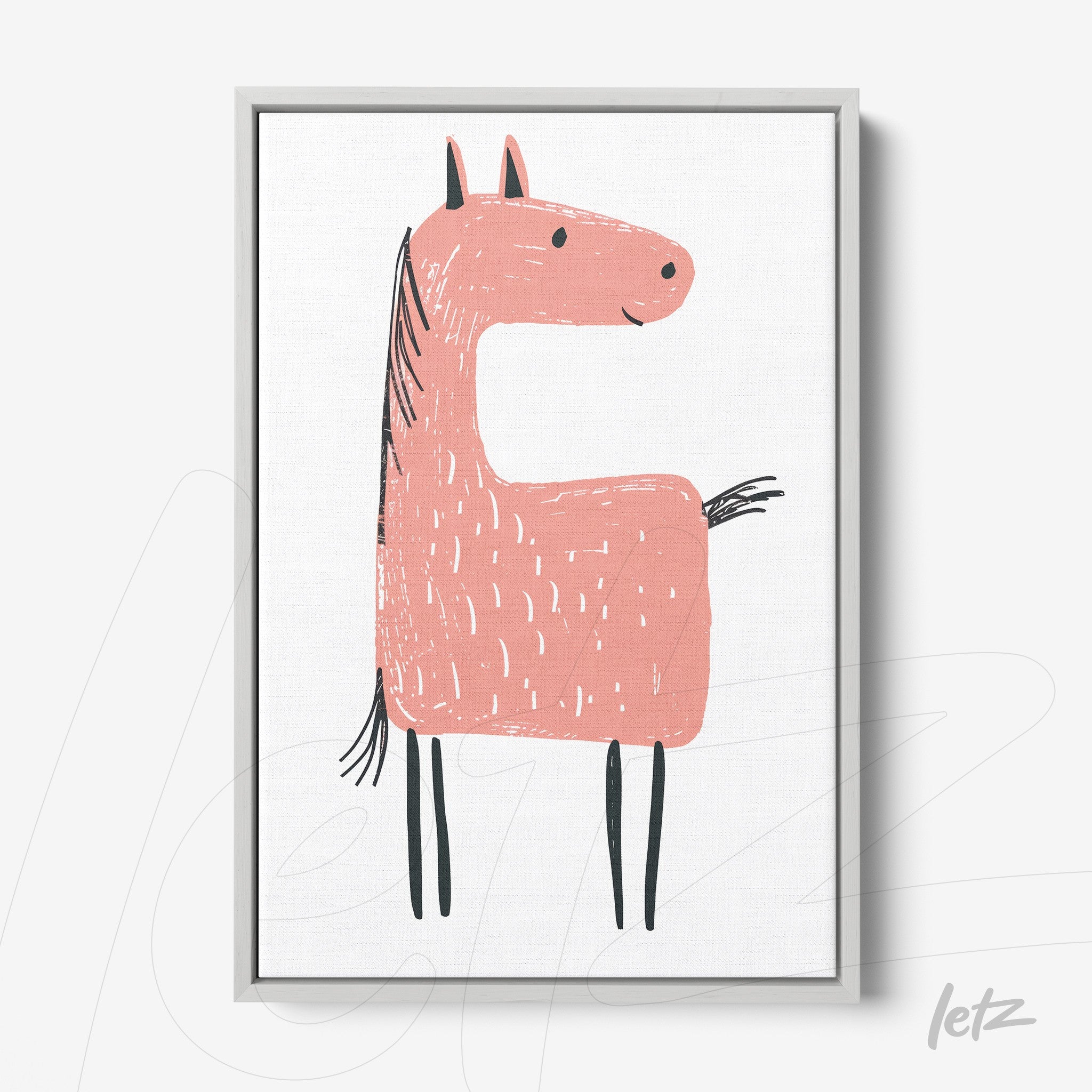 framed artwork featuring a stylized pink horse illustration on a white background with gray frame