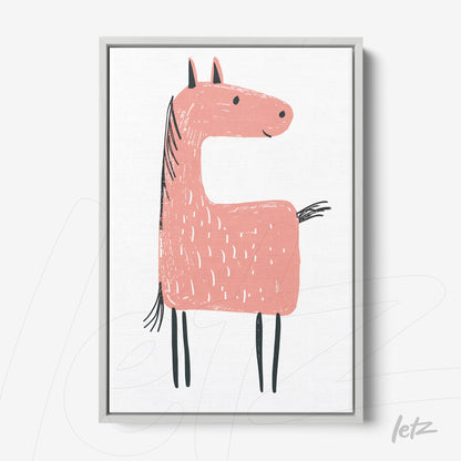 framed artwork featuring a stylized pink horse illustration on a white background with gray frame