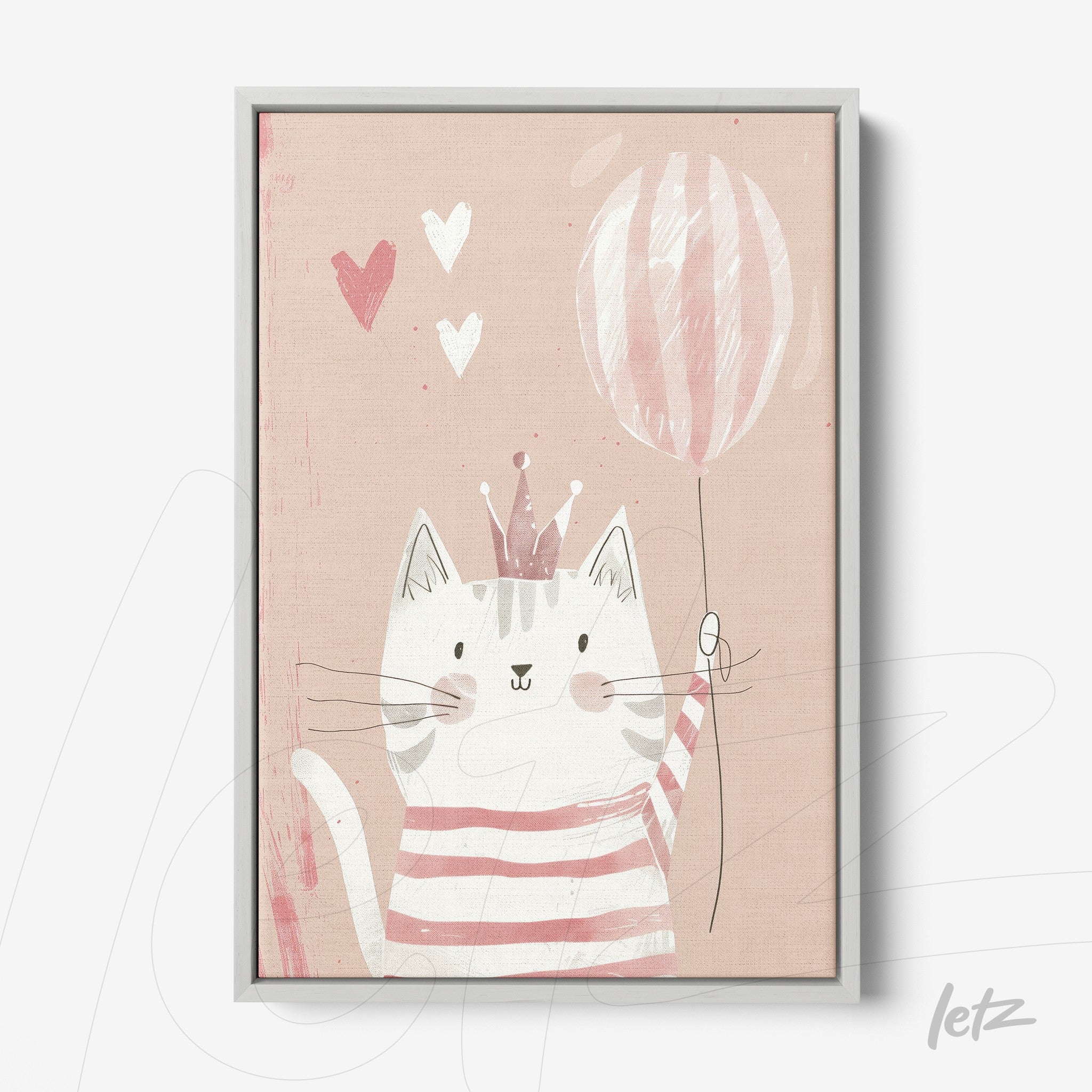 framed wall art featuring a cute cat holding a balloon with a light pink background