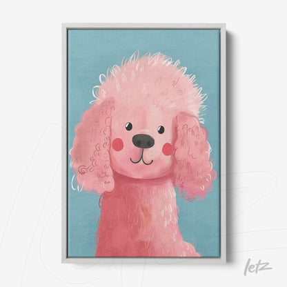 framed art of a pink poodle against a blue background with a light frame