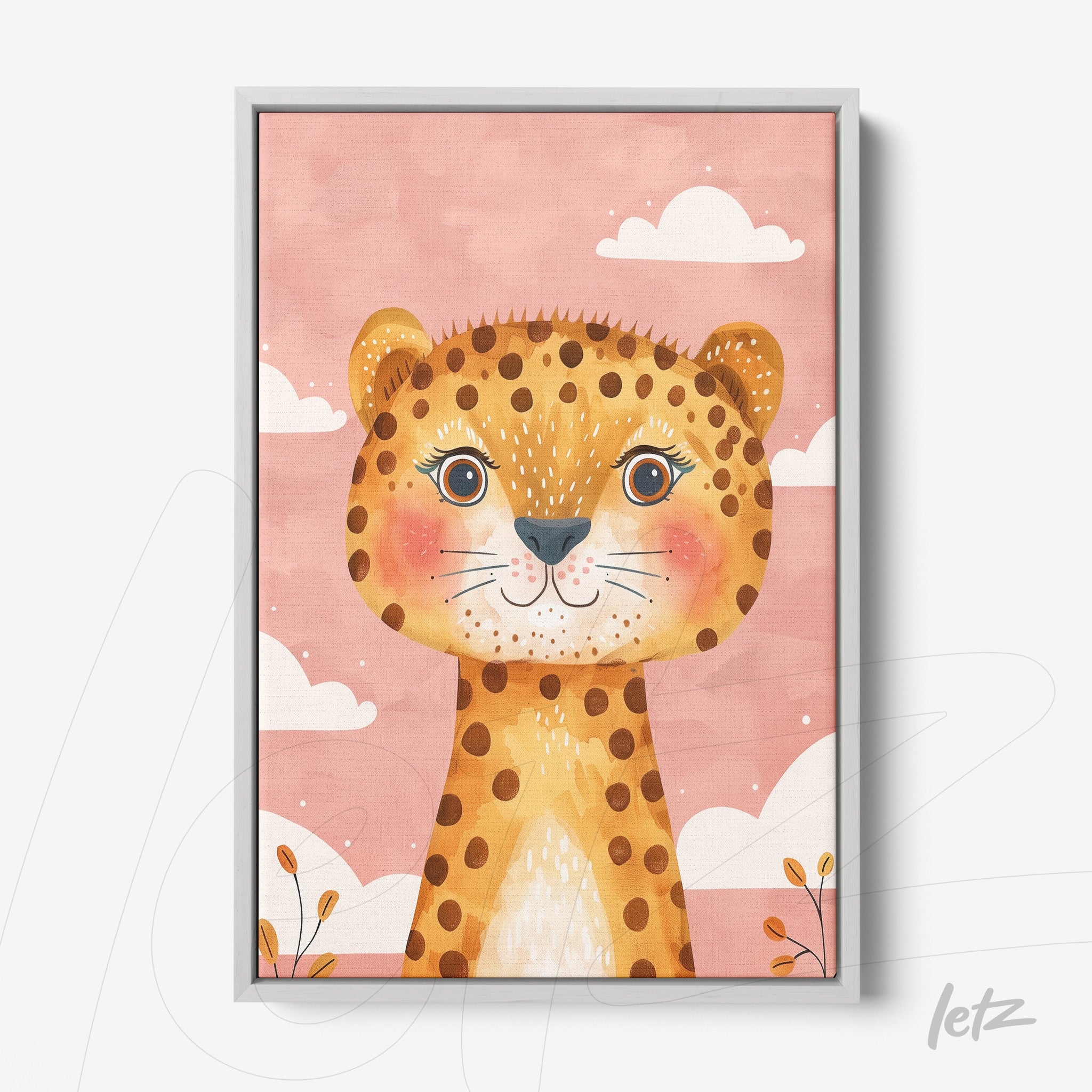 framed children's art of a leopard with a pink background and white clouds in a silver frame