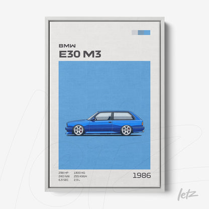 framed wall art featuring the sporty BMW E30 M3 in blue background with white frame