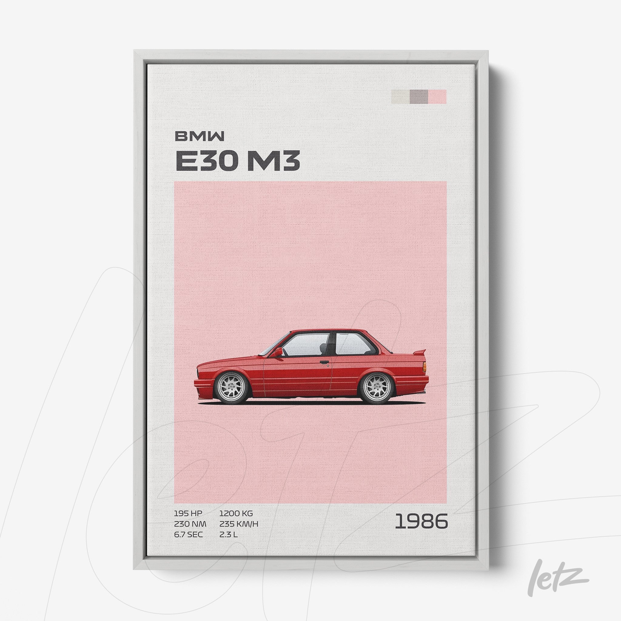 framed art featuring the BMW E30 M3 in pink background, highlighting technical details such as horsepower and weight at the top