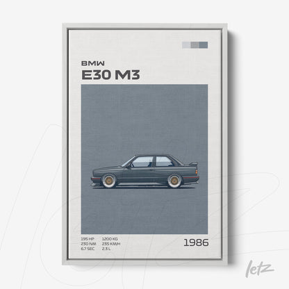 digital art print of BMW E30 M3 car in silver frame