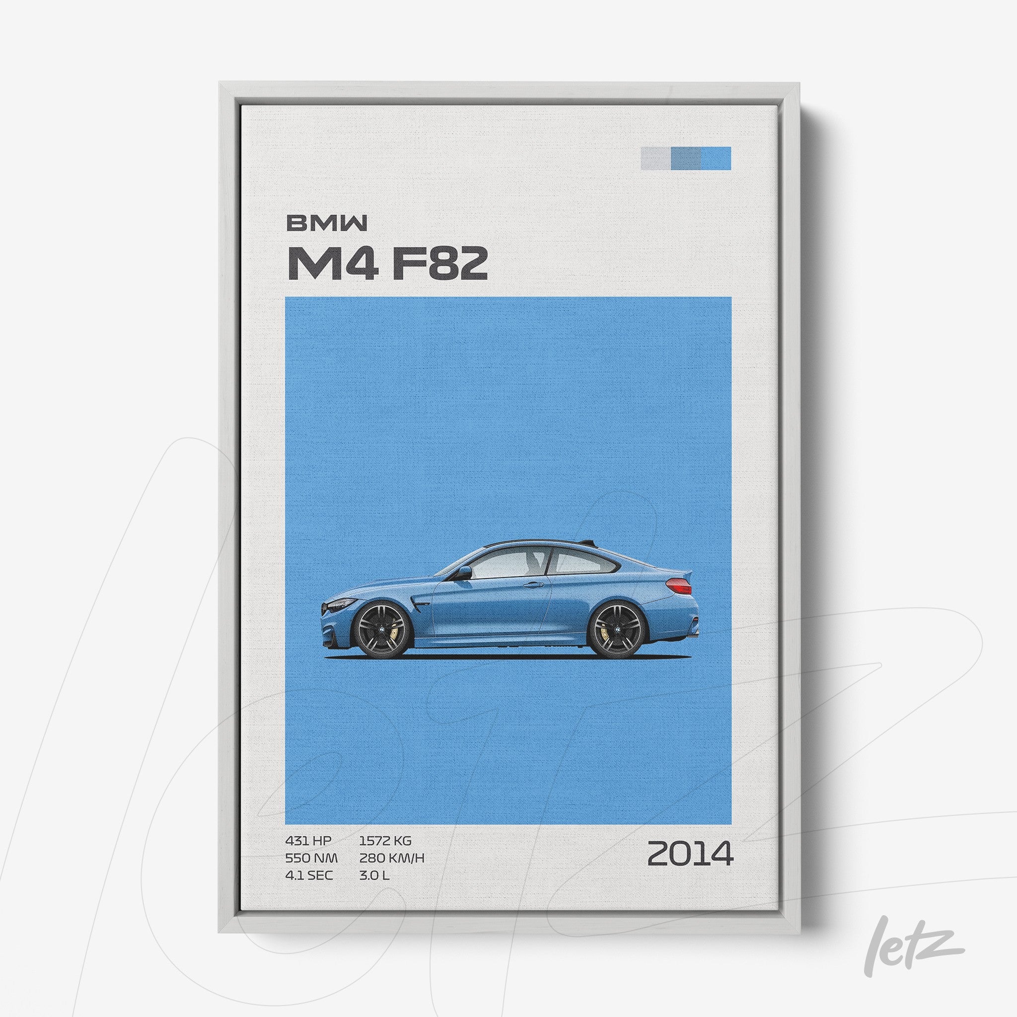 minimalist framed art of the BMW M4 F82 car with blue background and silver frame