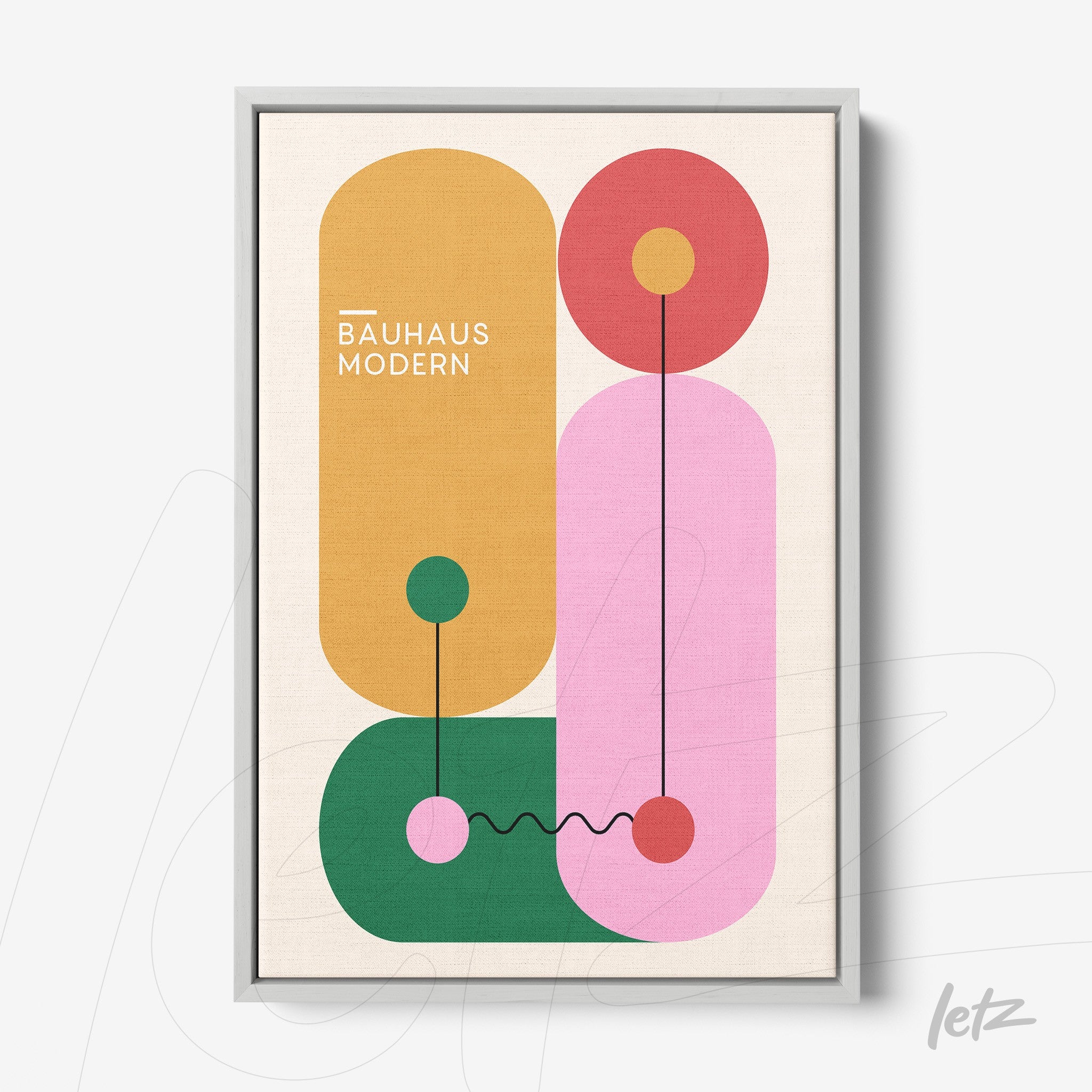 canvas print of modernist abstract art with colorful geometric shapes in a gray frame