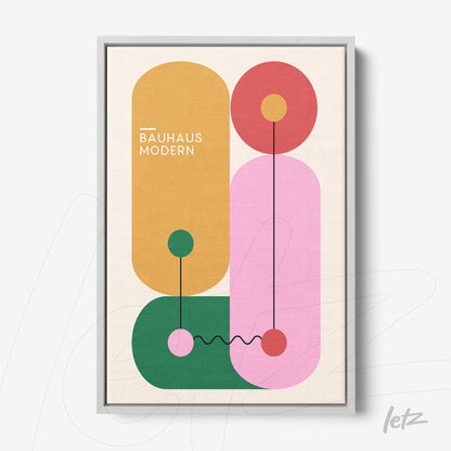 canvas print of modernist abstract art with colorful geometric shapes in a gray frame