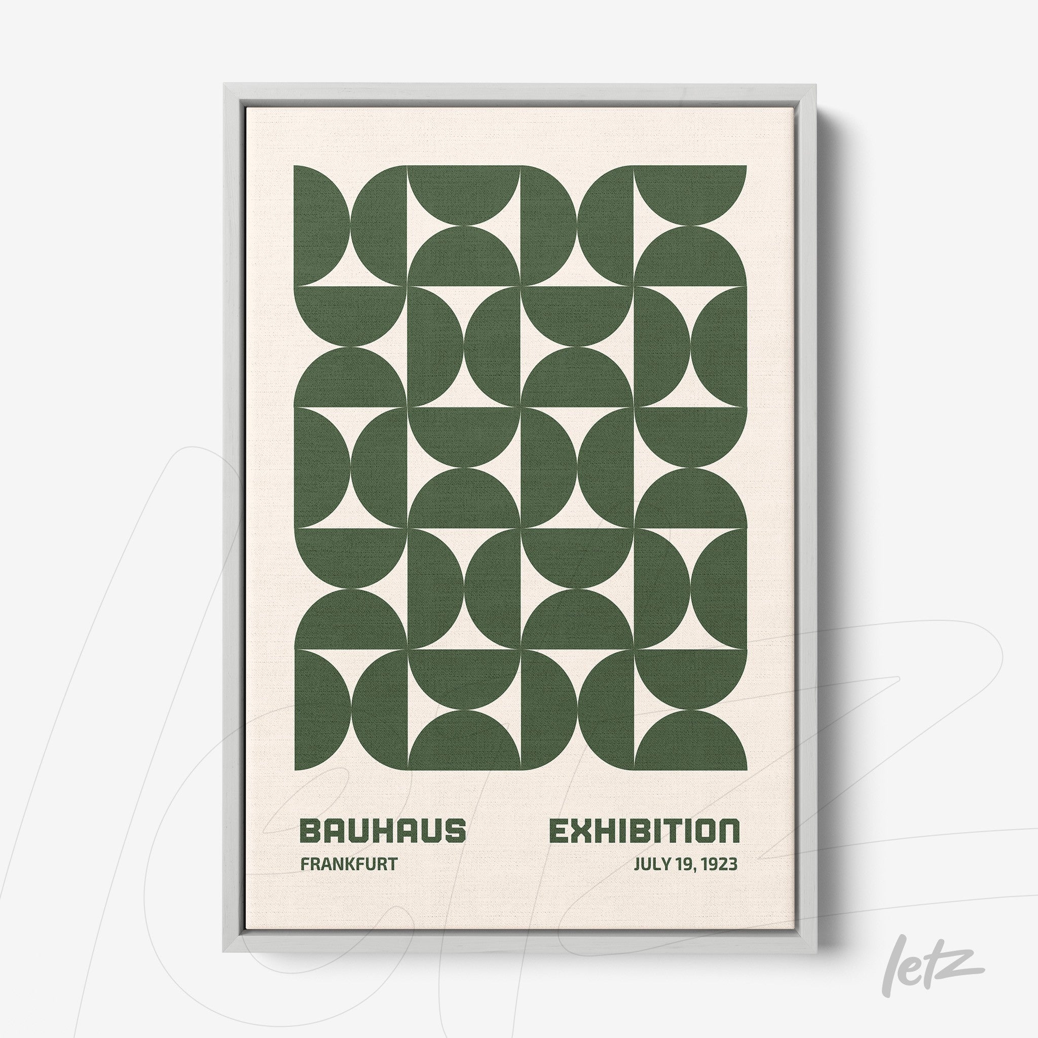 poster featuring bauhaus style geometric pattern in green on beige background, displayed in slim gray frame