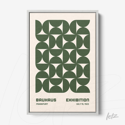 poster featuring bauhaus style geometric pattern in green on beige background, displayed in slim gray frame