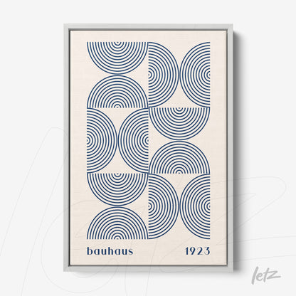poster print featuring geometrical art of concentric blue circles on a beige background, framed in light gray