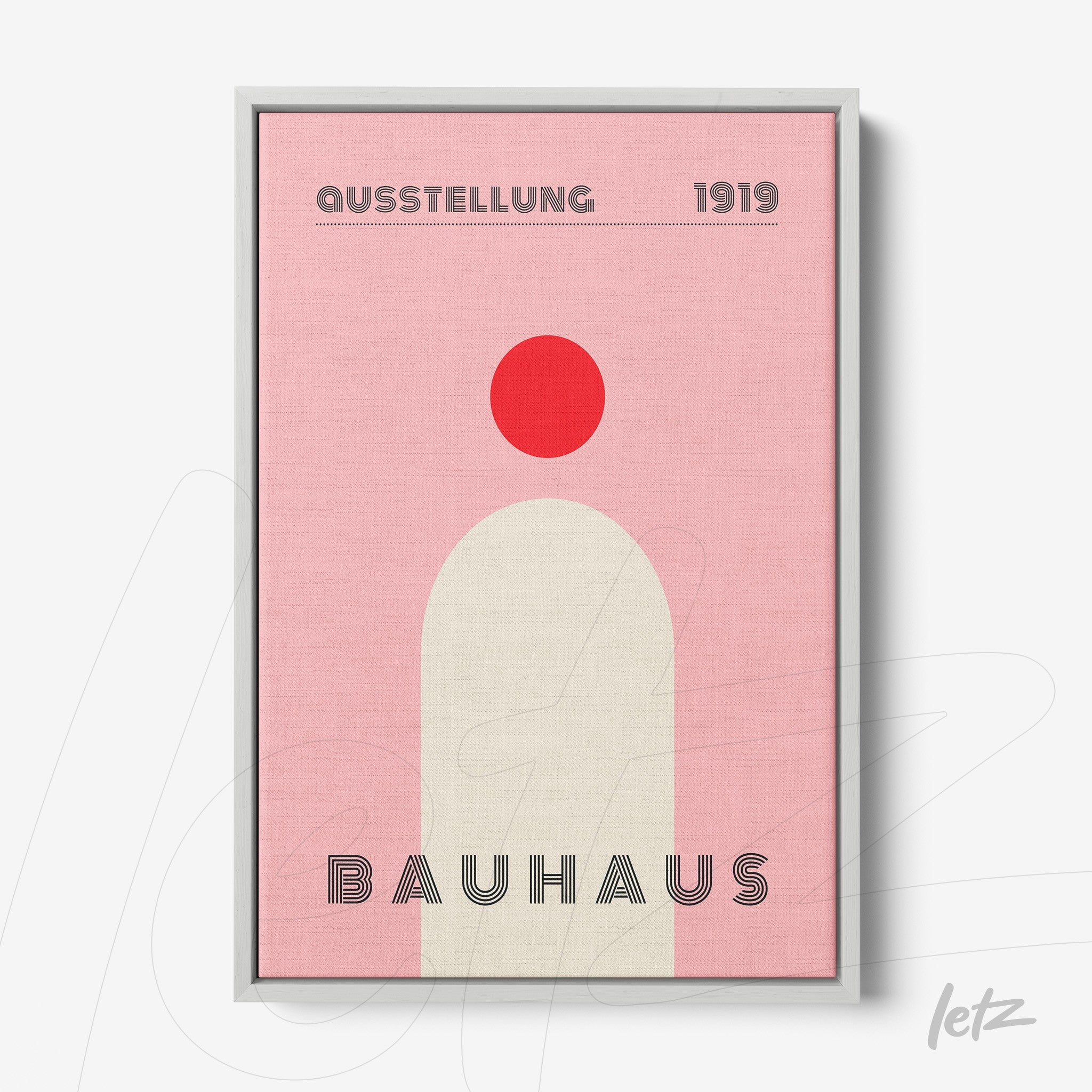 canvas with minimalist bauhaus style illustration of geometric shapes in silver frame