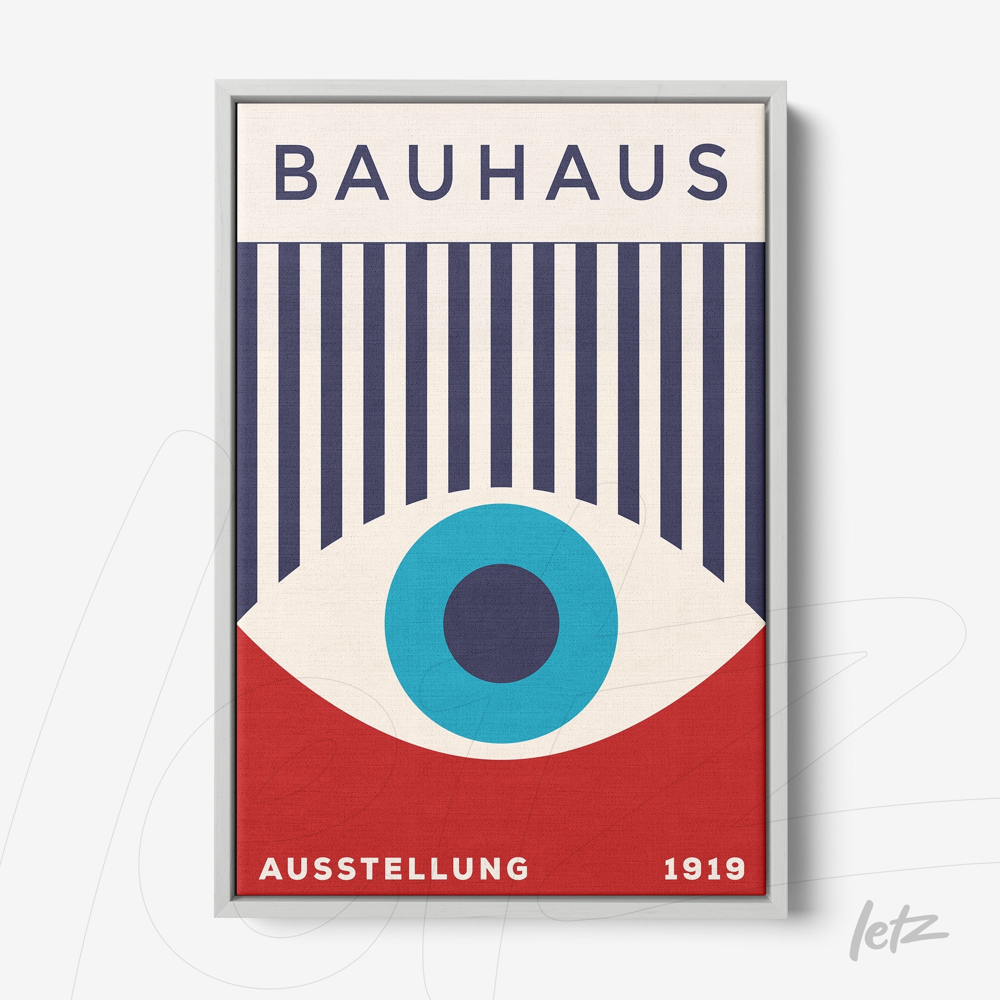 geometric bauhaus inspired design with vertical stripes and a large blue circle, framed in gray