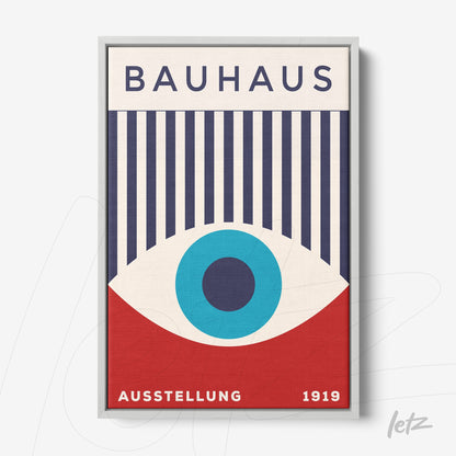 geometric bauhaus inspired design with vertical stripes and a large blue circle, framed in gray
