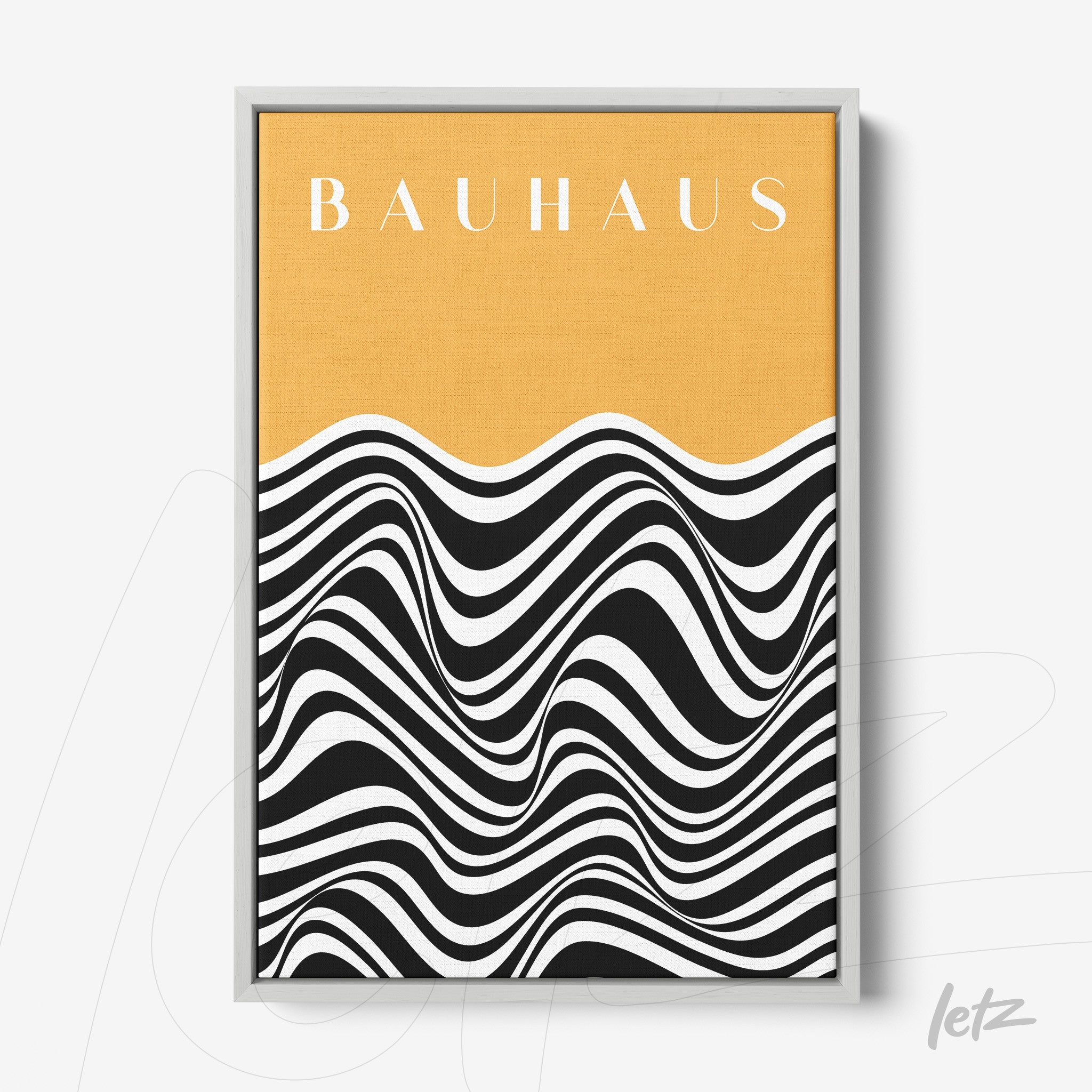 canvas wall art with geometric black and white wave design on yellow background, featuring the text bauhaus