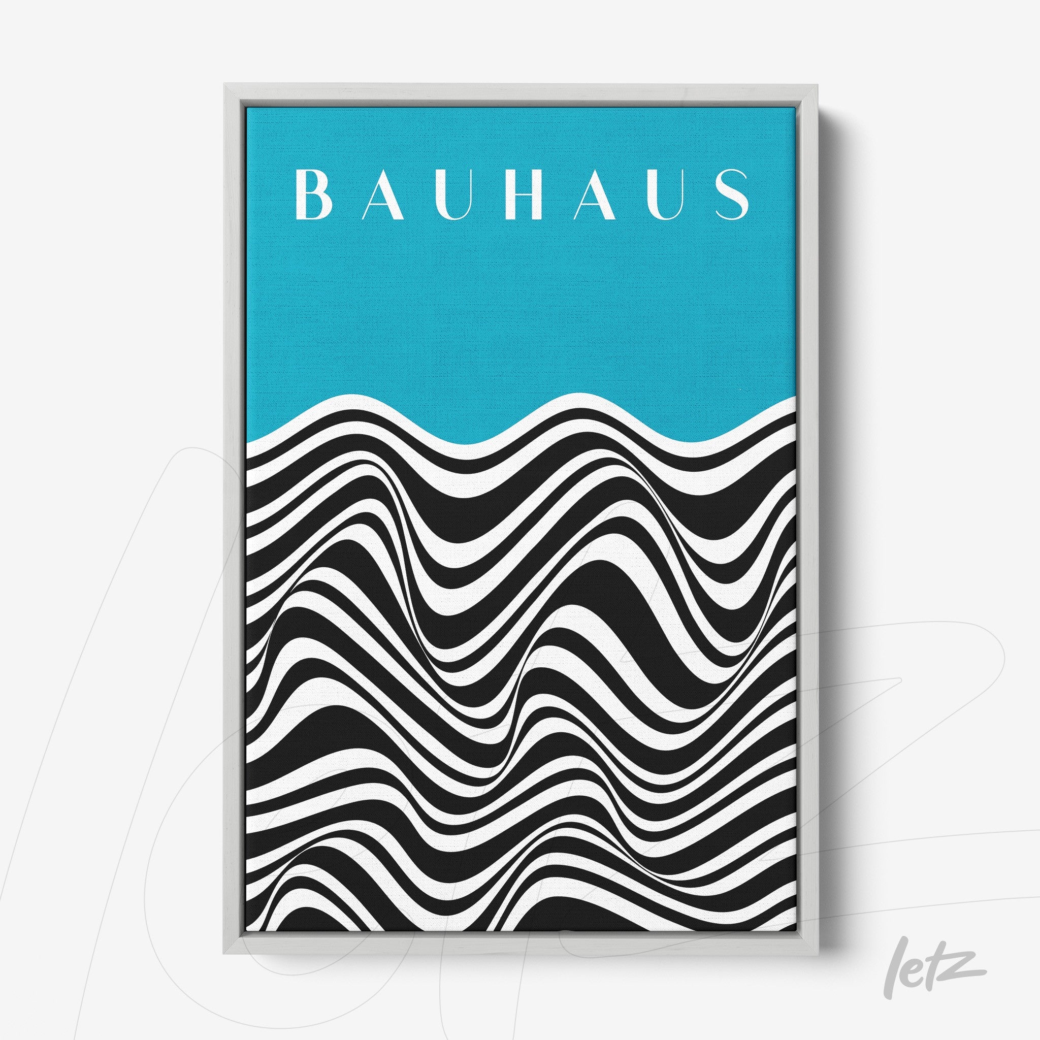 poster print with geometric black and white design and turquoise blue background in white frame