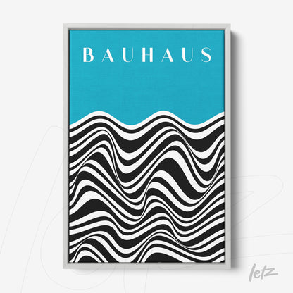 poster print with geometric black and white design and turquoise blue background in white frame