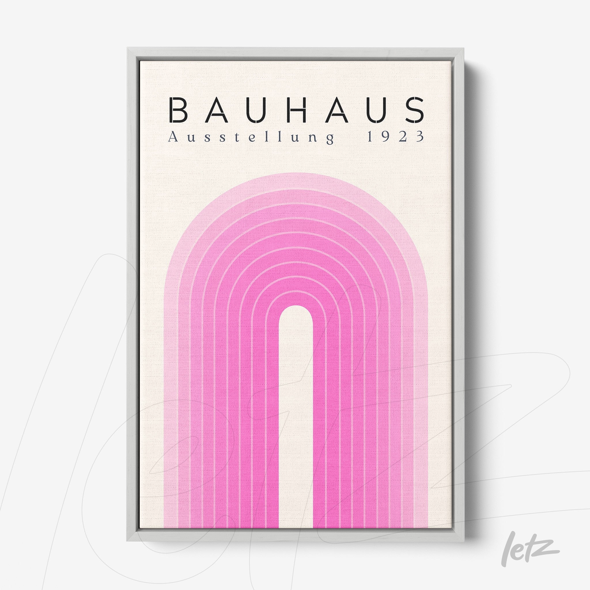framed print featuring pink geometric arch linked to Bauhaus Ausstellung 1923 in a thin silver frame