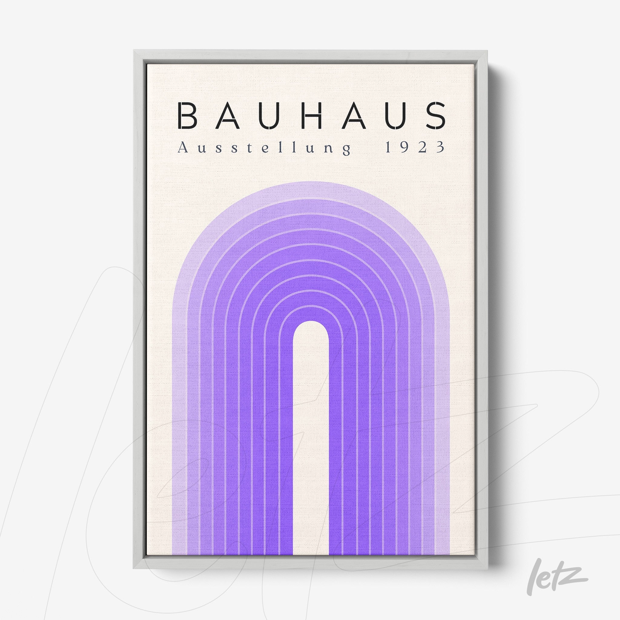 poster print with geometric purple rainbow design and text 'bauhaus ausstellung 1923' in silver frame