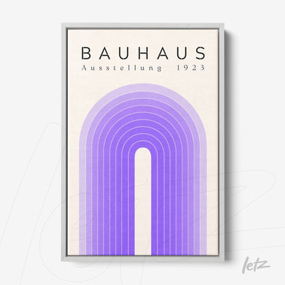 poster print with geometric purple rainbow design and text 'bauhaus ausstellung 1923' in silver frame