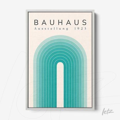 poster featuring geometric illustration in blue and green tones with a silver frame, inspired by the Bauhaus style