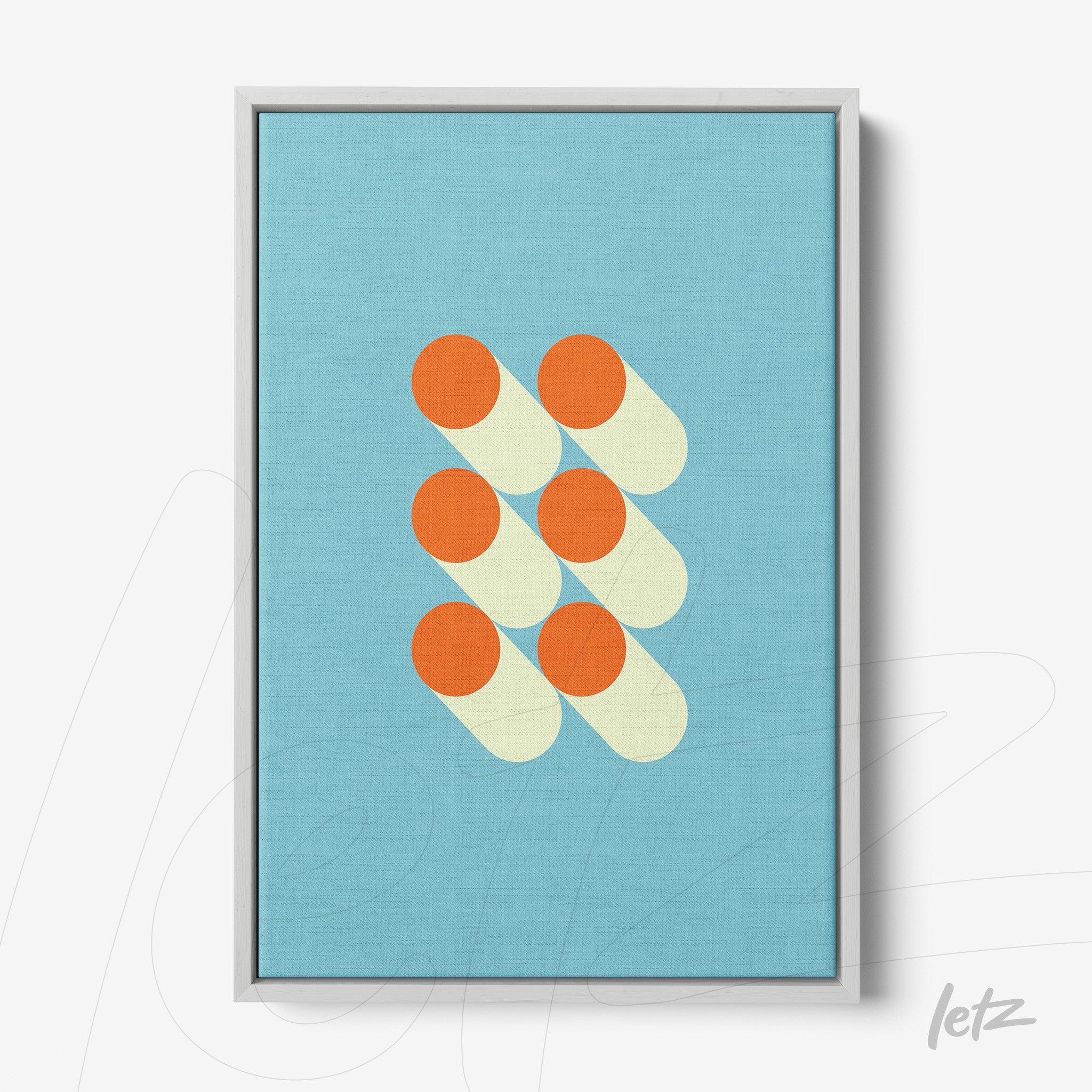 framed geometric art with orange circles and shadows on blue background, slim silver frame