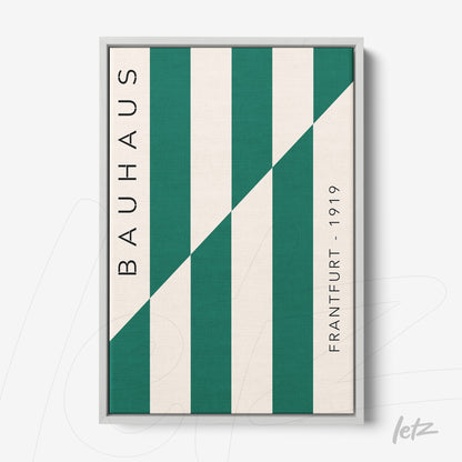 modern bauhaus style poster with vertical green and white stripes in light gray frame