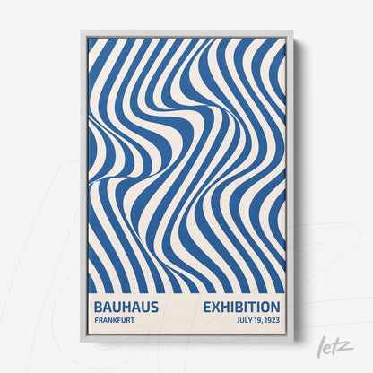 abstract Bauhaus style poster art in white frame with blue text