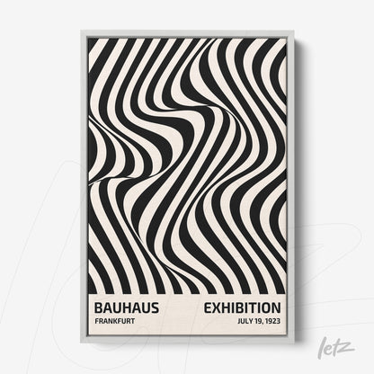 framed abstract black and white art with wavy lines, featuring text about Bauhaus exhibition in Frankfurt dated July 19, 1923
