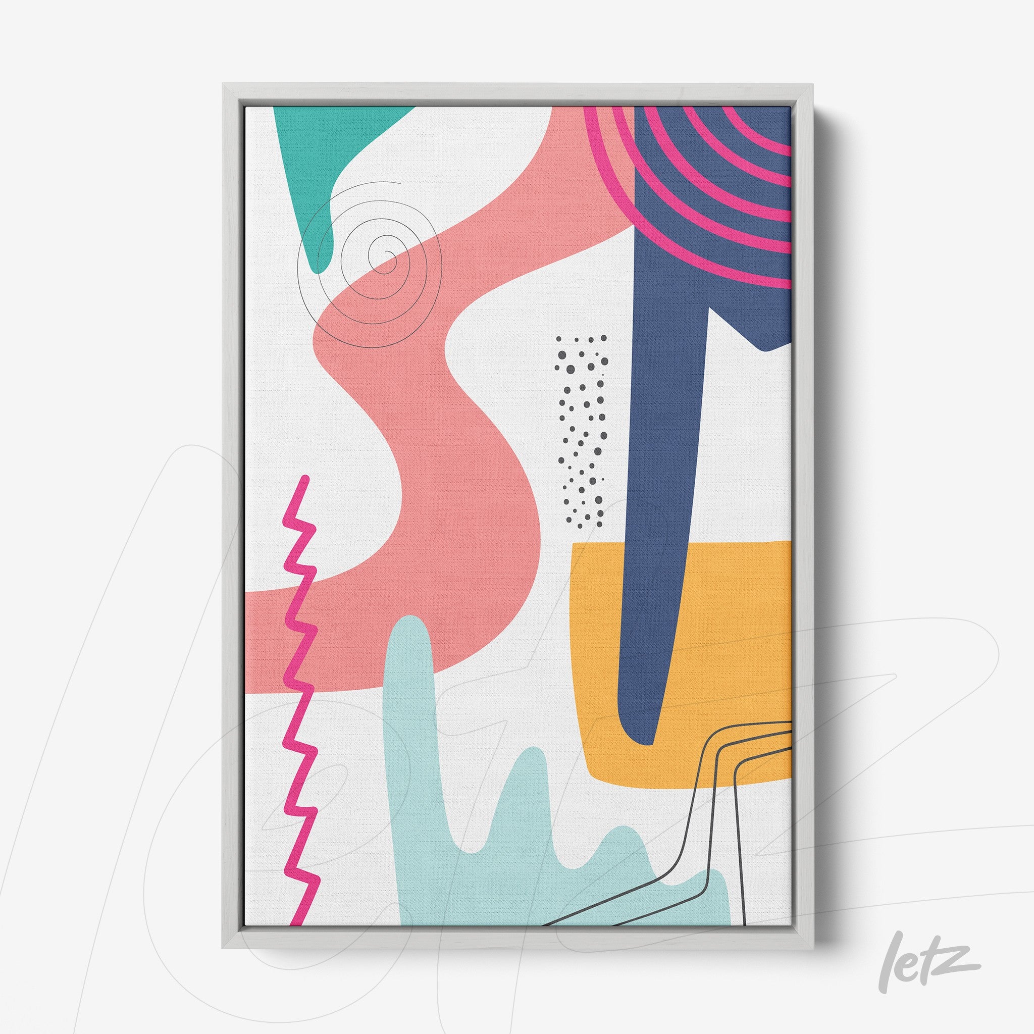 quadro abstrato colorido com formas geométricas curvas em moldura branca