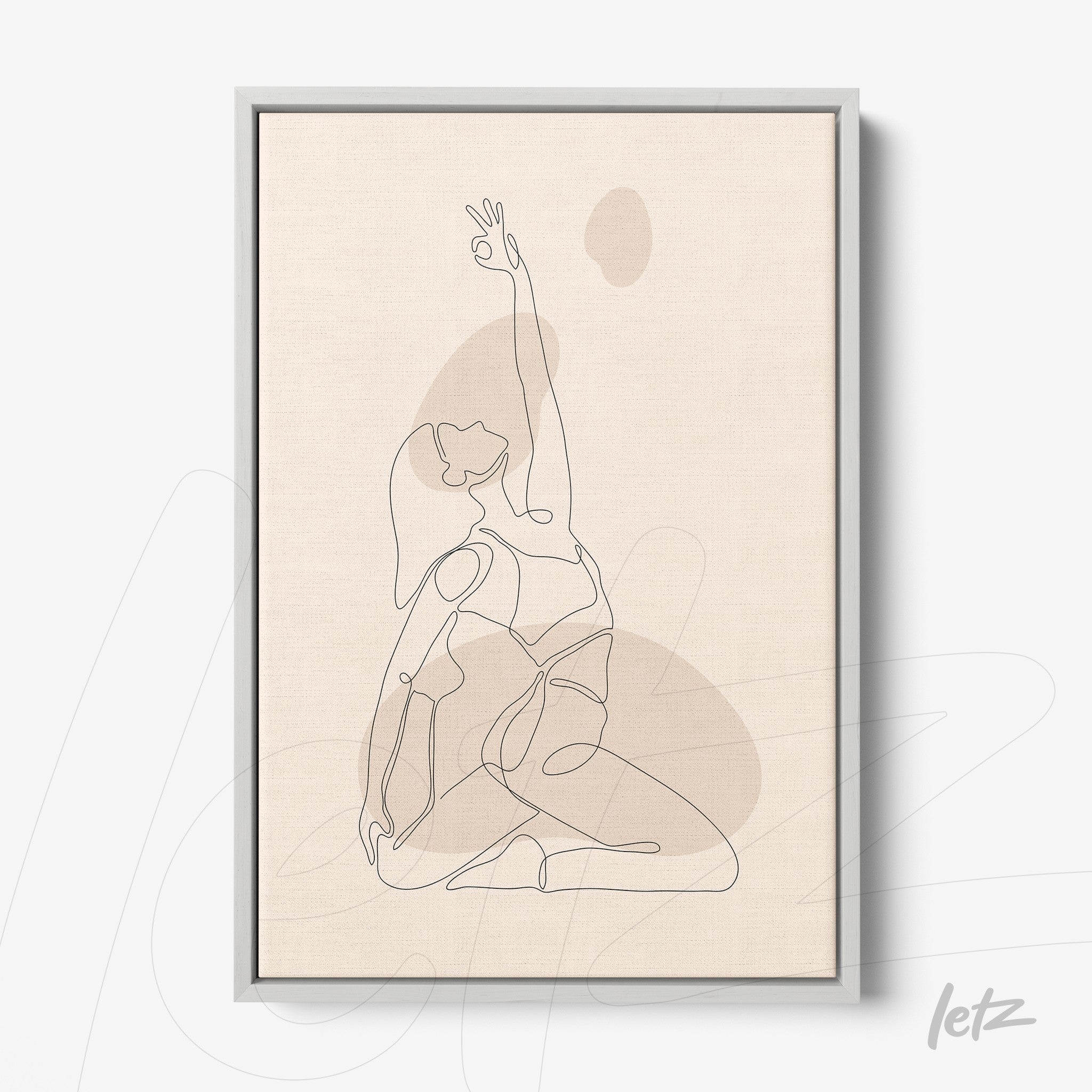 line art of a female figure in a yoga pose, framed in gray