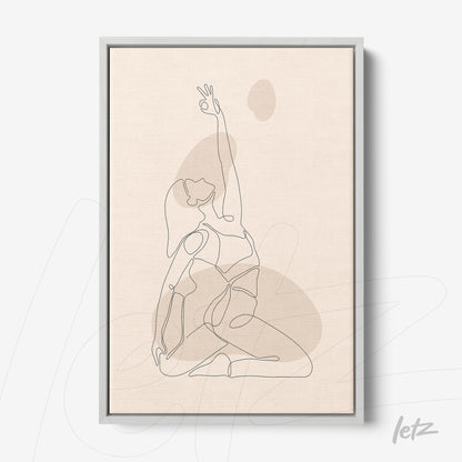 line art of a female figure in a yoga pose, framed in gray