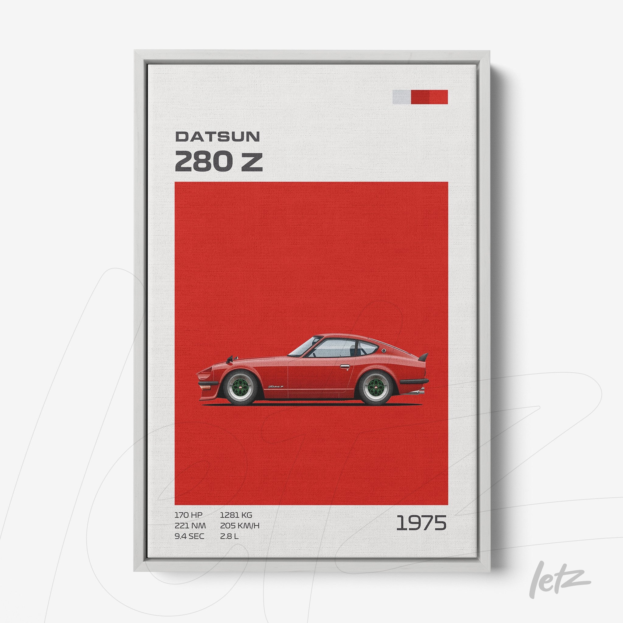framed artwork of the 1975 Datsun 280Z car on vibrant red background with gray frame