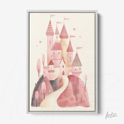 canvas print featuring a pink castle illustration with trees in the foreground and a winding path